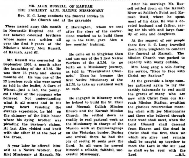 Death of Alec Russell of Karuah, one of first AIM Native Missionaries, 1951. "Our AIM", Vol 45, Oct 1951